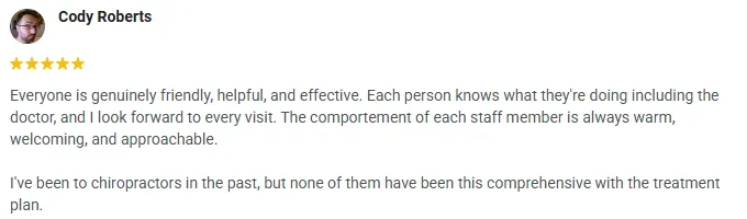 A 5-star Google review of OneHealth Chiropractic - Yukon praising the friendly, helpful team